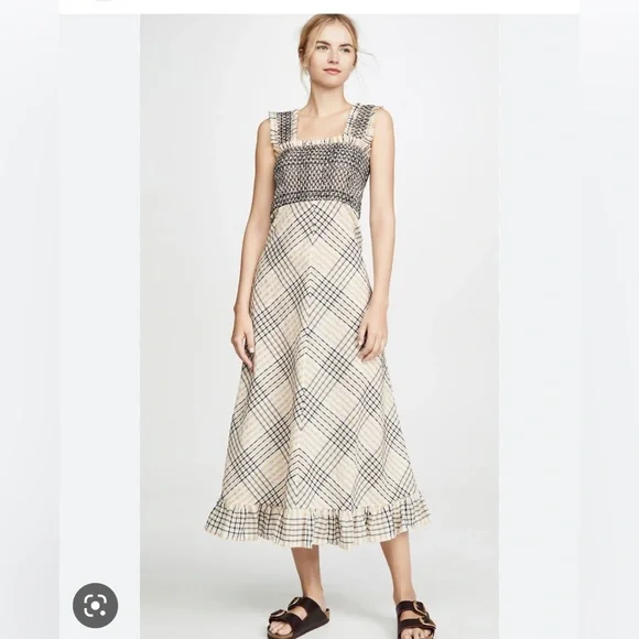 chinese dress ladies Ganni Seersucker Check Maxi Dress